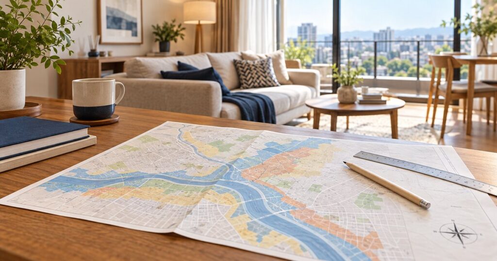 豊中市のハザードマップを確認しながら住まいを検討するイメージ