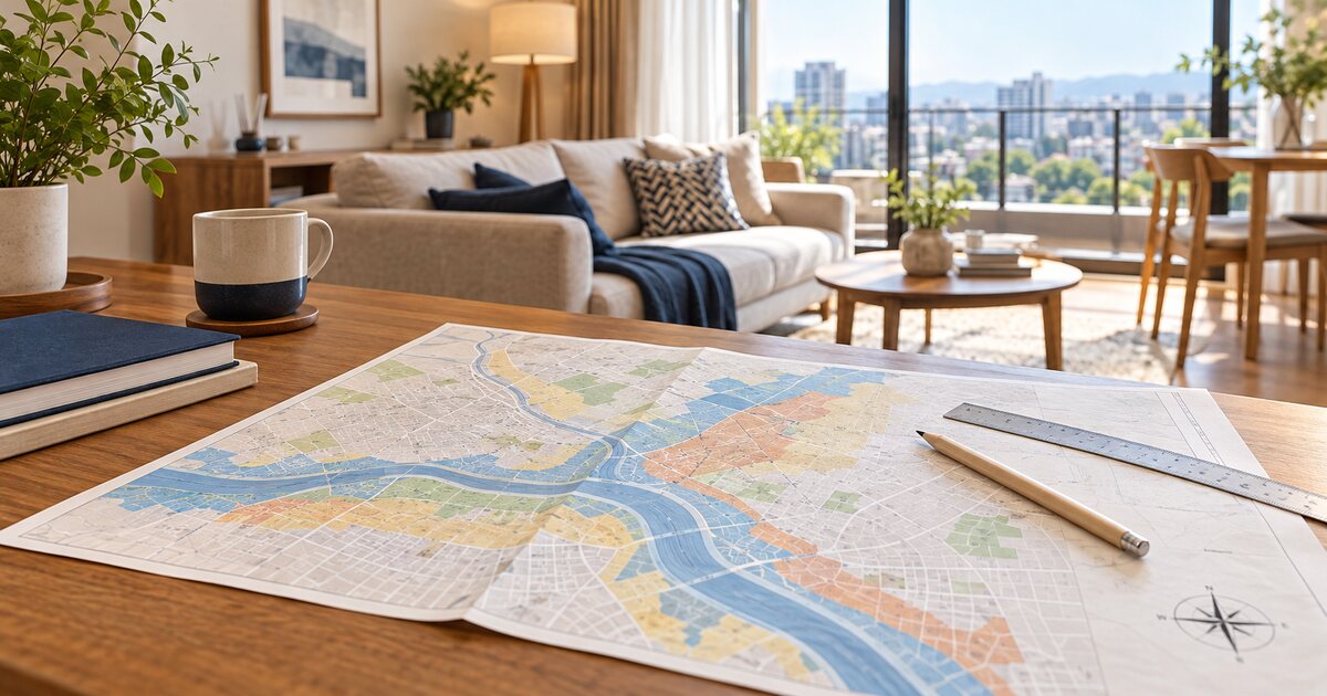 豊中市のハザードマップを確認しながら住まいを検討するイメージ